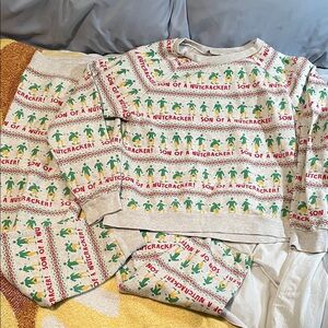 American Eagle Outfitters Gray Pajama Set with Green & Red Nutcracker Print